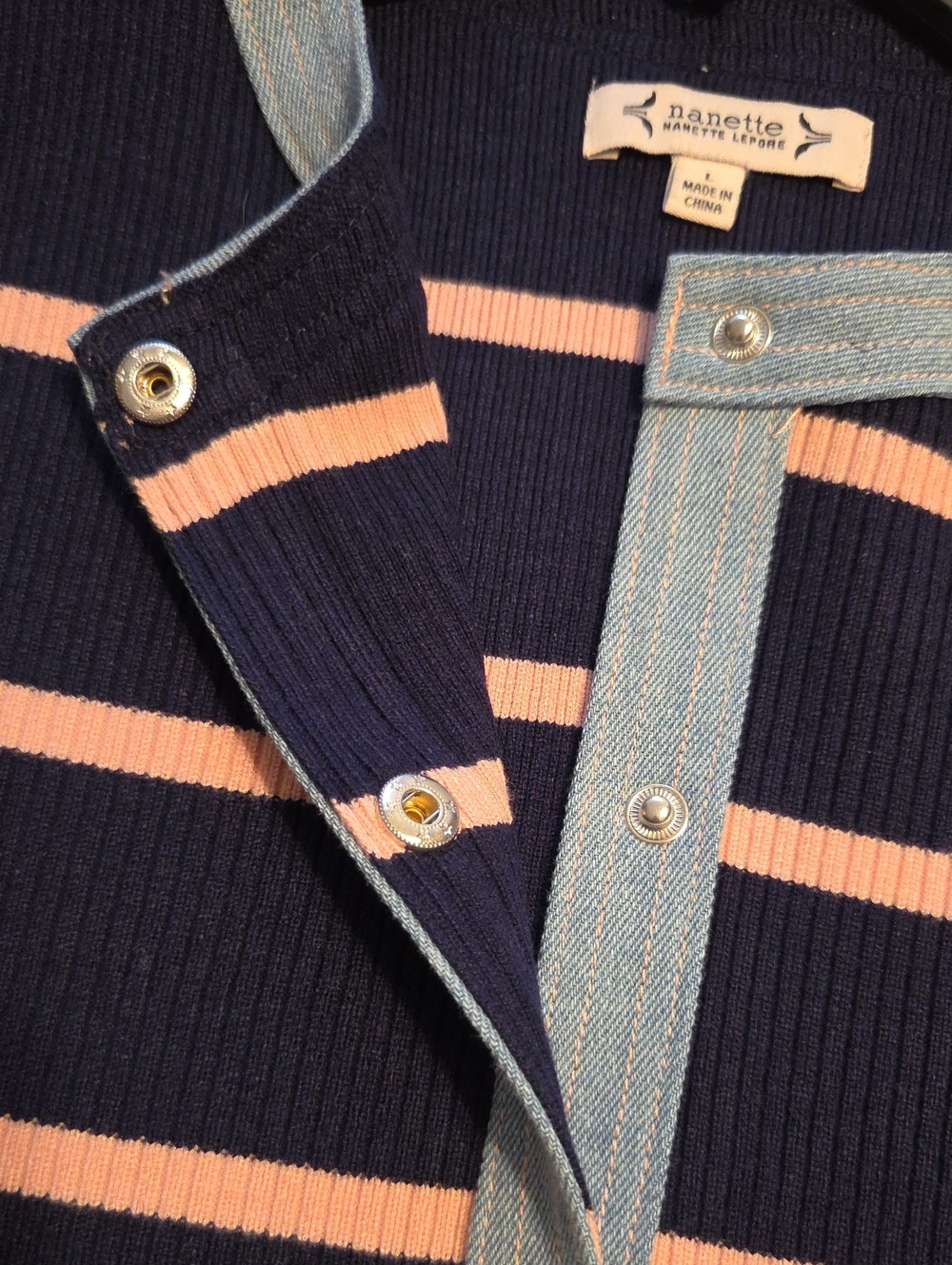 NWT " Nanette Lepore" Denim Trim Stripe Ribbed Cardigan Woman's Size Large - Picture 5 of 9